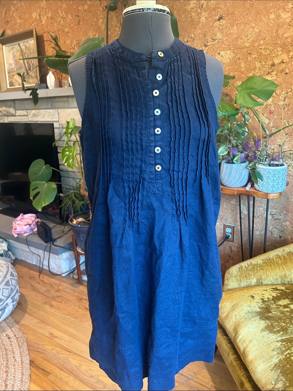 Quince Navy Pintuck European Linen Button-Front Dress